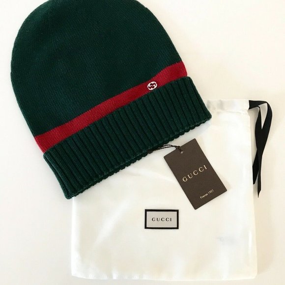 Gucci GG Green Wool Beanie with Red Stripe NEW W TAGS - Picture 5 of 5